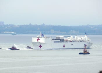 The USNS Comfort, a hospital ship, in New York harbor.