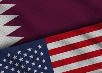 Qatar and USA United States of America Flags Together, Wavy Fabric, Breaking News, Political Diplomacy Crisis Concept, 3D Illustration