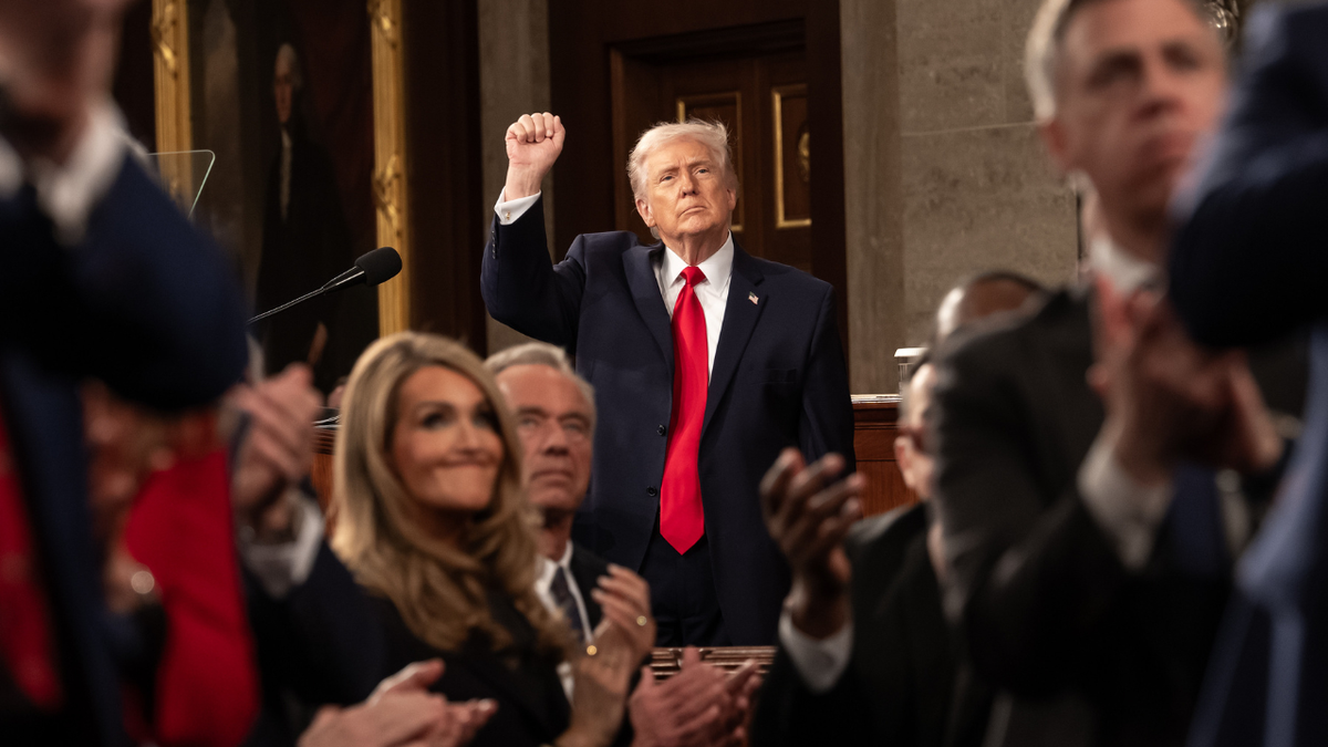 President Donald Trump reacts during his State of the Union address on February 24, 2026.