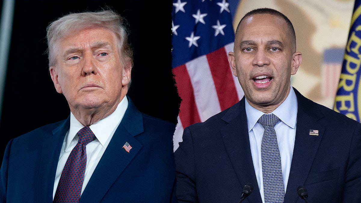 A split image of President Donald Trump and House Democratic Leader Hakeem Jeffries