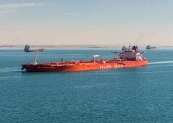 Suez, Egypt - November 5, 2017: Crude Oil Tanker Aegean Angel vessel passing the New Suez Canal (The Great Bitter Lake) near Suez, Egypt, Africa.
