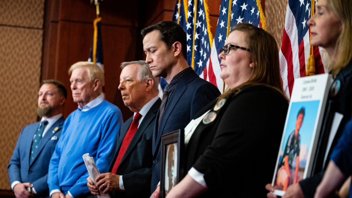 Actor Joseph Gordon-Levitt, center, during a news conference on holding big tech companies accountable for online content harming children.