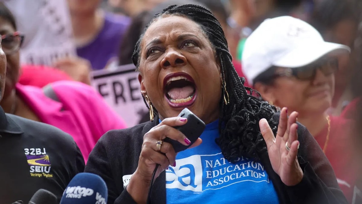 NEA president becky pringle speaking at protest event