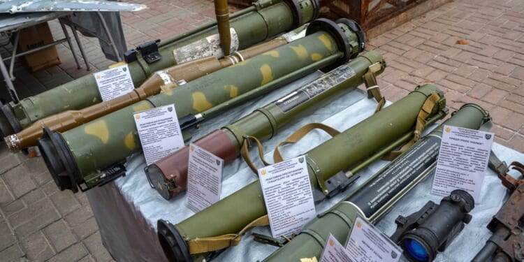 A group of Russian anti-tank missiles on display in Kyiv.