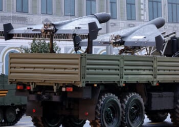 A Russian drone launcher truck on display.