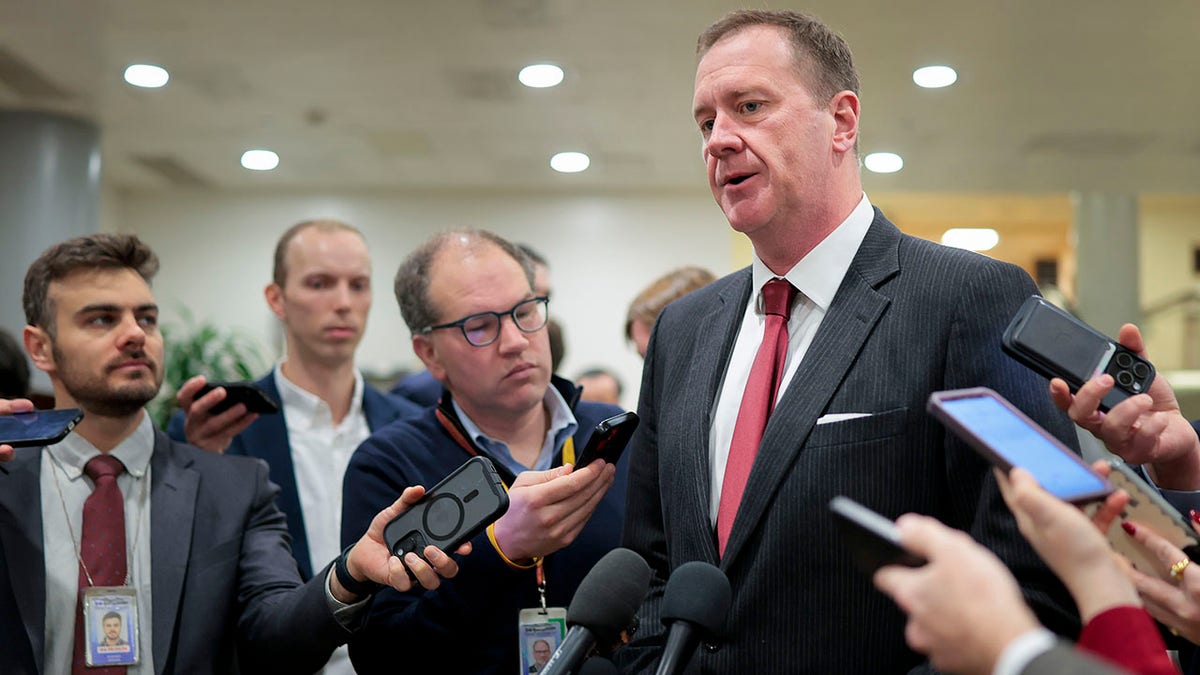 Sen. Eric Schmitt, R-Mo., speaks to reporters after a closed-door briefing.