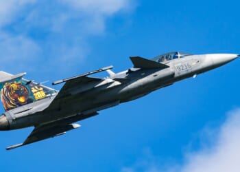 A Czech Gripen fighter in flight.