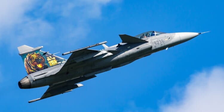 A Czech Gripen fighter in flight.