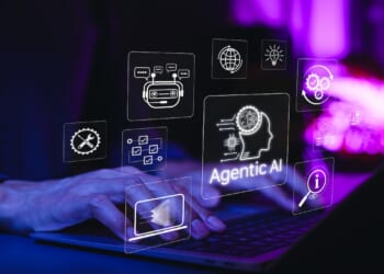 Agentic AI and Intelligent Automation Technology Concept. Typing on laptop with icons representing agentic AI, advanced artificial intelligence, chatbot, machine learning, future tech innovation,