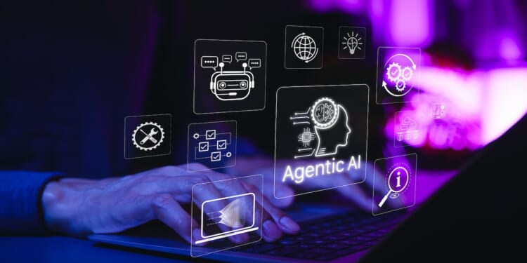 Agentic AI and Intelligent Automation Technology Concept. Typing on laptop with icons representing agentic AI, advanced artificial intelligence, chatbot, machine learning, future tech innovation,