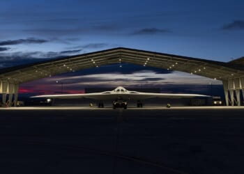 A B-21 Raider bomber in its hangar.
