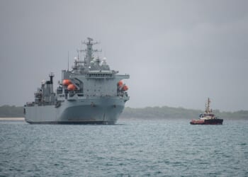 The RFA Argus, a large former cargo ship, at sea near the UK naval base at Diego Garcia.