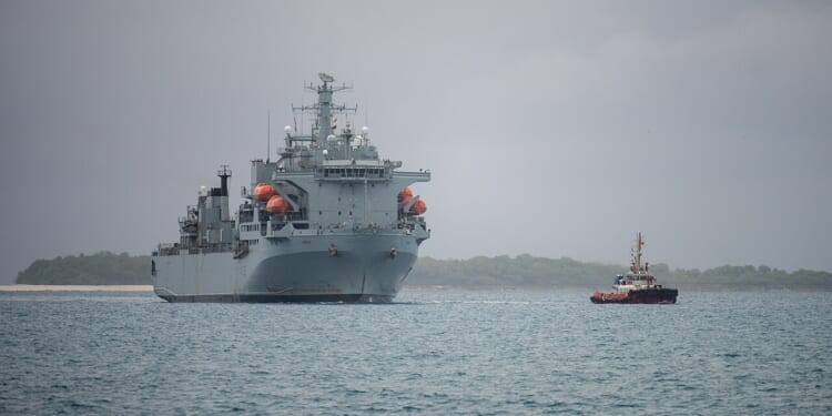 The RFA Argus, a large former cargo ship, at sea near the UK naval base at Diego Garcia.