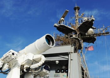 A laser weapon onboard a US Navy ship.