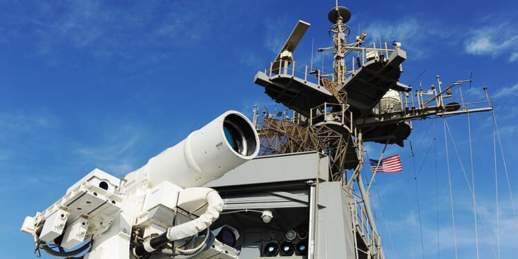 A laser weapon onboard a US Navy ship.
