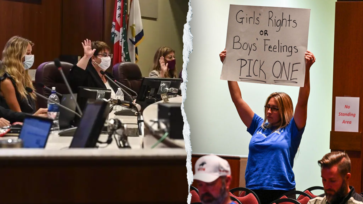 Loudoun County School Board voting on transgender policy and parent holding sign opposing