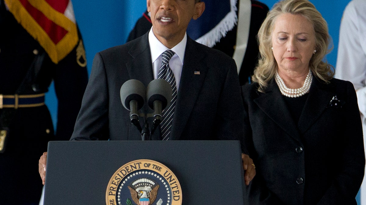 Sept. 14, 2012: President Barack Obama, accompanied by Secretary of State Hillary Rodham Clinton, speaks during a Transfer of Remains Ceremony, at Andrews Air Force Base, Md.