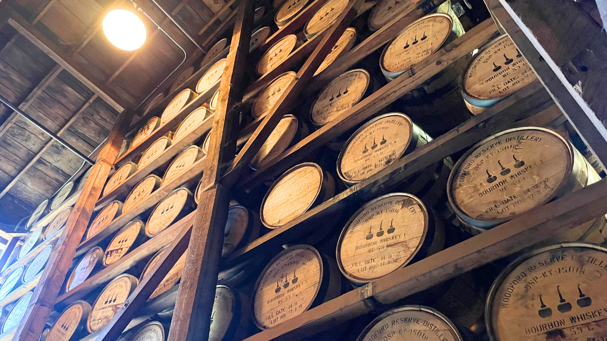 A view of bourbon barrels aging in a rickhouse at the Woodford Reserve distillery.