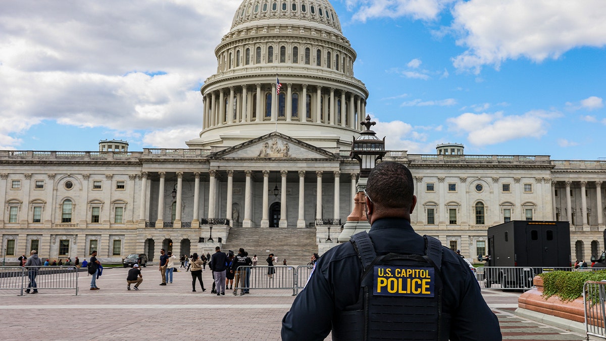 Capitol Police officer looks at the Capitol building