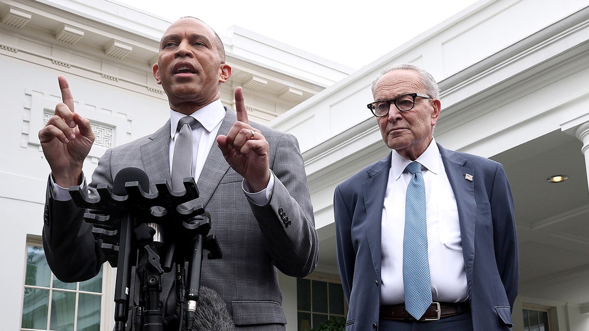 House Minority Leader Hakeem Jeffries and Senate Minority Leader Chuck Schumer speak to reporters outside the White House