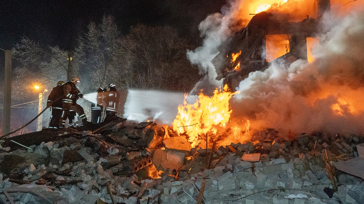 Firefighters put out blaze following Russian attack on Ukraine