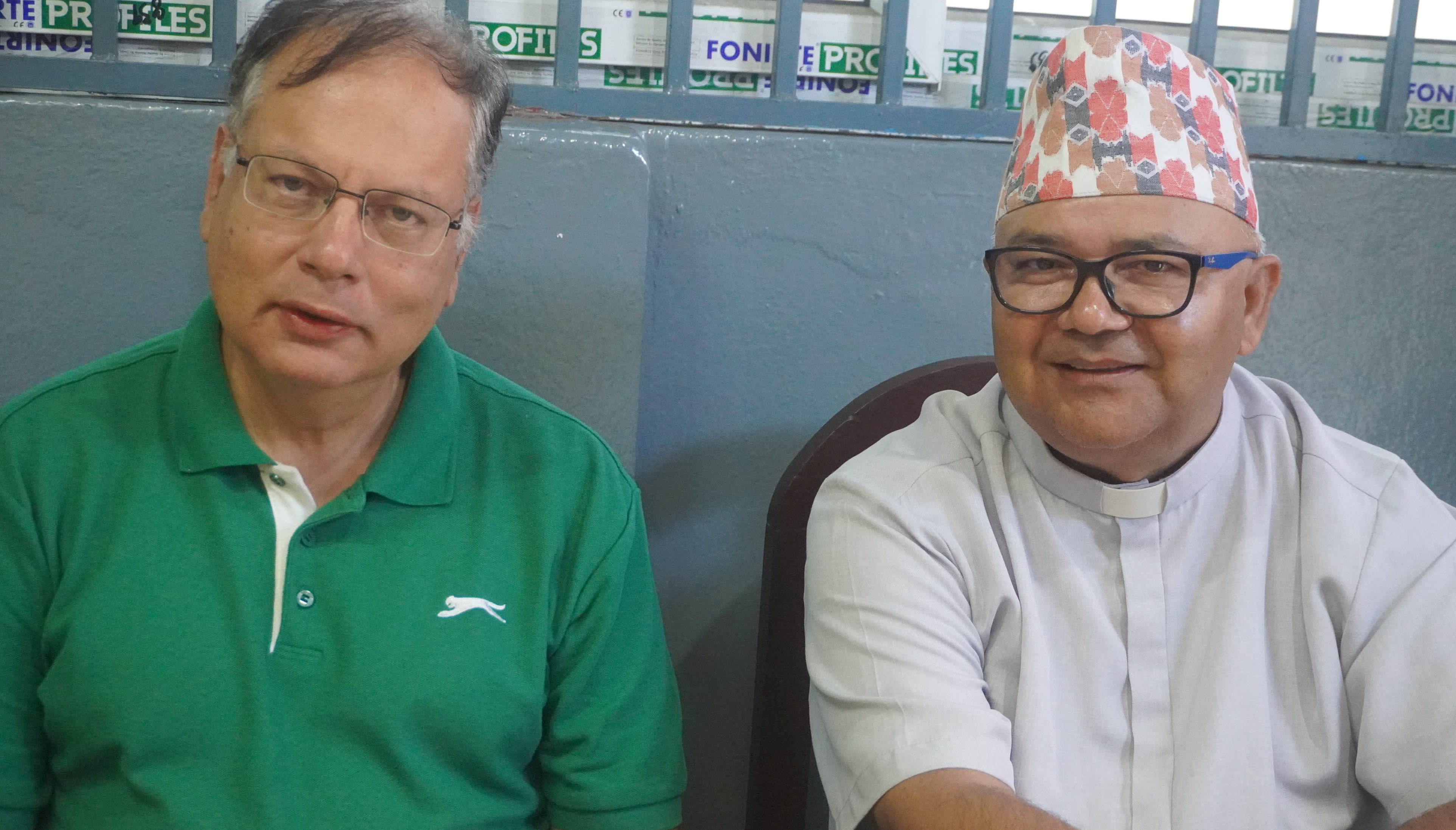 Father Silas Bogati, apostolic administrator of the Apostolic Vicariate of Nepal, sits with Chirendra Satyal, a prominent Catholic convert, in Kathmandu in August 2025. | Credit: Anto Akkara