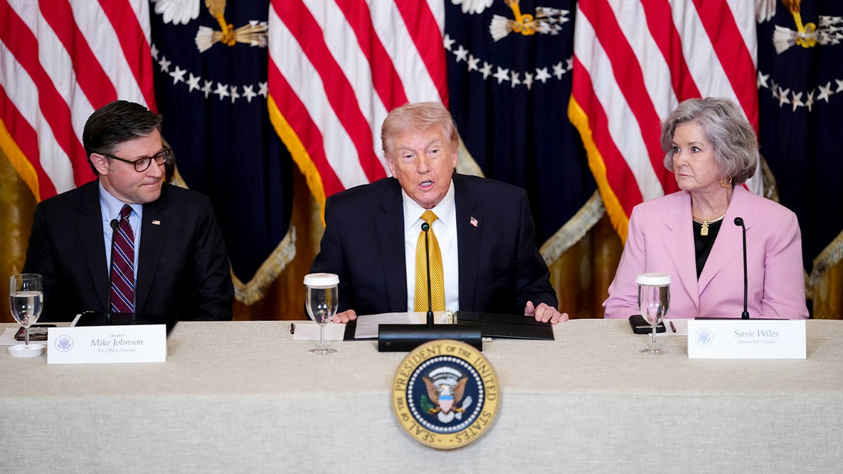 House Speaker Mike Johnson, President Donald Trump and White House Chief of Staff Susie Wiles attend a meeting at the White House.