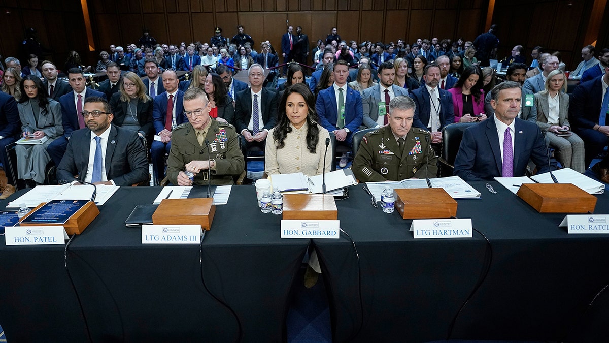 Kash Patel, James Adams, Tulsi Gabbard, William Hartman and John Ratcliffe seated at hearing