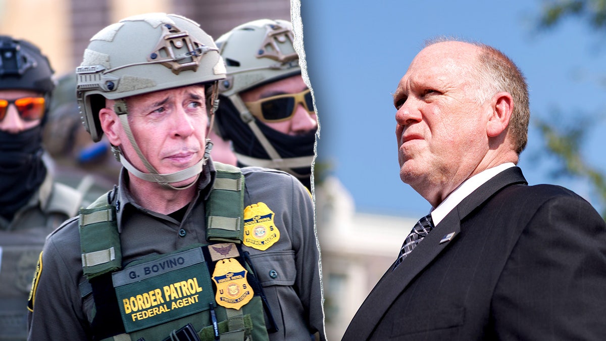 Split-screen image showing Border Patrol Chief Greg Bovino on the left and U.S. border czar Tom Homan on the right.