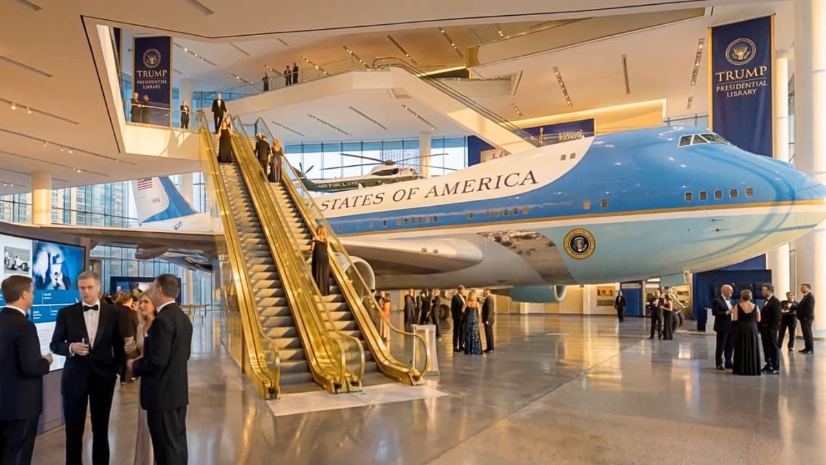 Trump library interior rendering with airplane and gold escalators