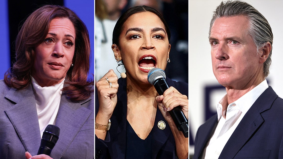 Kamala Harris, Alexandria Ocasio-Cortez and Gavin Newsom in a split image.
