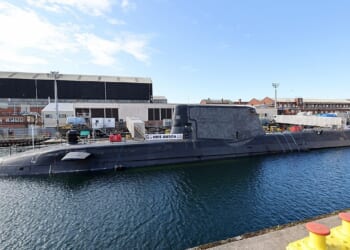 A British submarine in port.