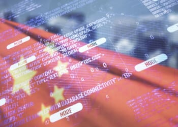 A Chinese flag overlaid with computer code.