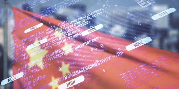 A Chinese flag overlaid with computer code.