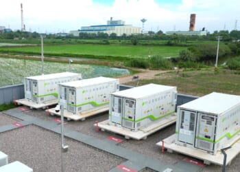 Battery storage container units in China in August 2025.