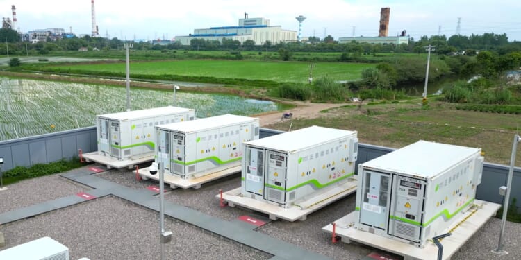 Battery storage container units in China in August 2025.