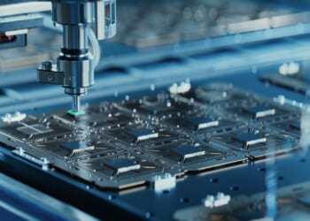 A computer chip being manufactured.