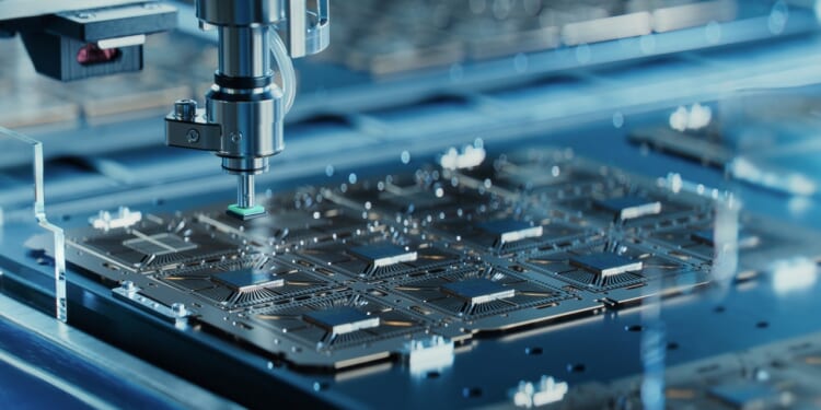 A computer chip being manufactured.