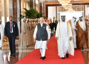 UAE President Mohamed bin Zayed (MBZ) and Indian Prime Minister Narendra Modi walking together.