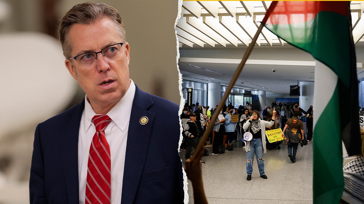 Andy Ogles, left, and a crowd at an airport, right