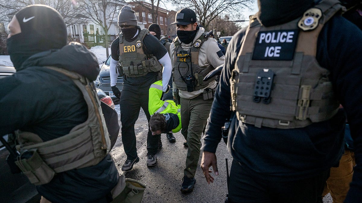 Federal law enforcement agents detaining a demonstrator in south Minneapolis