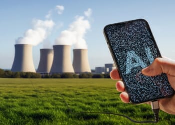 Close-up of a smartphone displaying the word AI, in front of a nuclear power plant.
