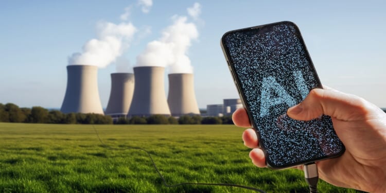 Close-up of a smartphone displaying the word AI, in front of a nuclear power plant.