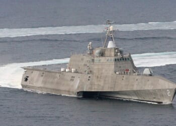 The USS Independence, a Littoral Combat Ship, turns in the water.