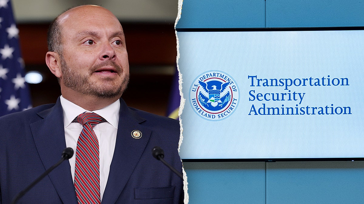 Split image of Rep. Andrew Garbarino and the Transportation Security Administration sign.