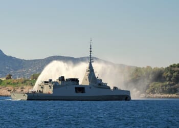The HS Kimon of the Greek Navy enters port in Salamis, Greece.