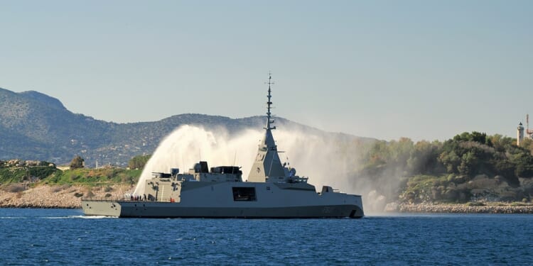 The HS Kimon of the Greek Navy enters port in Salamis, Greece.