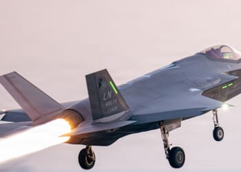 An F-35 taking off from an aircraft carrier.