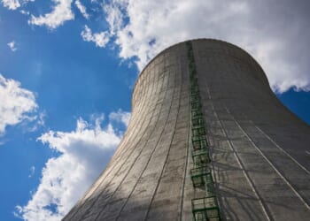 A cooling tower at a nuclear energy power plant.