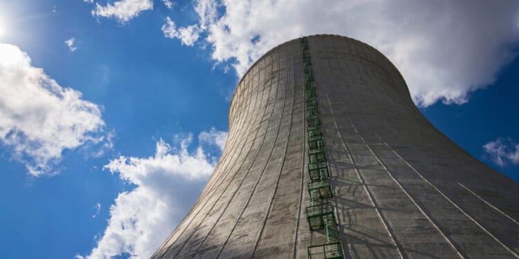 A cooling tower at a nuclear energy power plant.